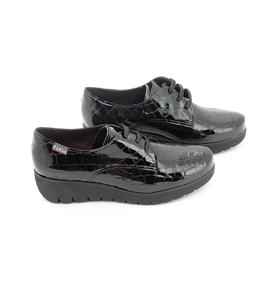 Mujer PAKULAS | Negro Charol Coco Zapato Cuna Cordones