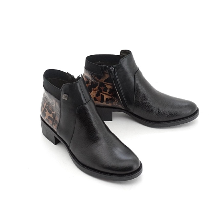 Mujer JOSE SAENZ | Negro Talon Leopardo Botin Piel Con Tacon Bajo
