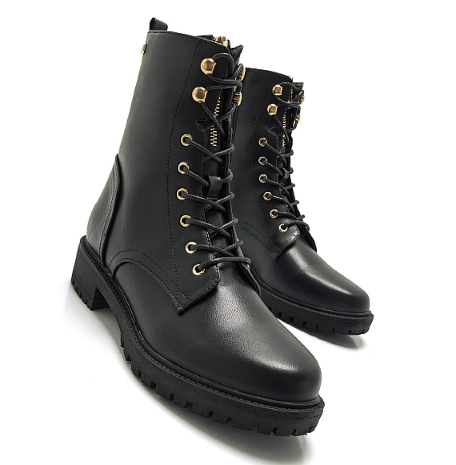 Mujer MTNG MUSTANG | Negra Bota Cordones Detalles Dorados Con Cremallera Mustang
