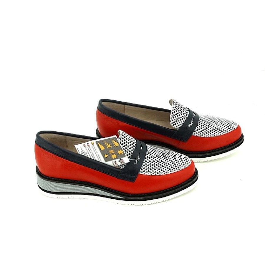 Mujer NIVAL | Marinero Azul Rojo Mocasin Piel