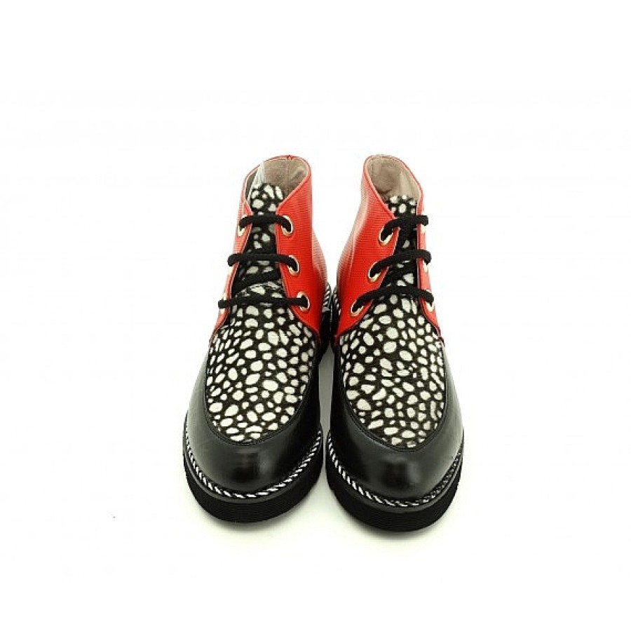 Mujer NIVAL | Negro Rojo Animal Print Botin Cordon Ojeteros
