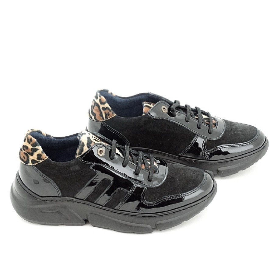 Mujer NOTTON | Negro Leopardo Zapato Deportivo Cordones Piel