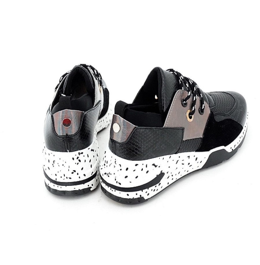 Mujer N'AMORE | Negro Serpiente Sneaker Cuna Cordones Piezas Combinadas