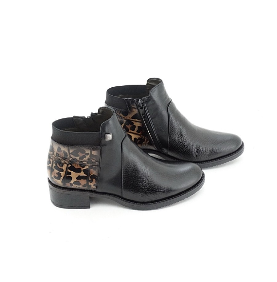Mujer JOSE SAENZ | Negro Talon Leopardo Botin Piel Con Tacon Bajo