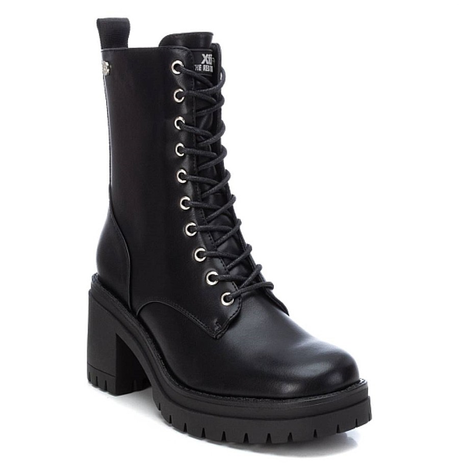 Mujer XTI Footwear | Negro Botin Militar Con Tacon Ancho Y Suela Dentada