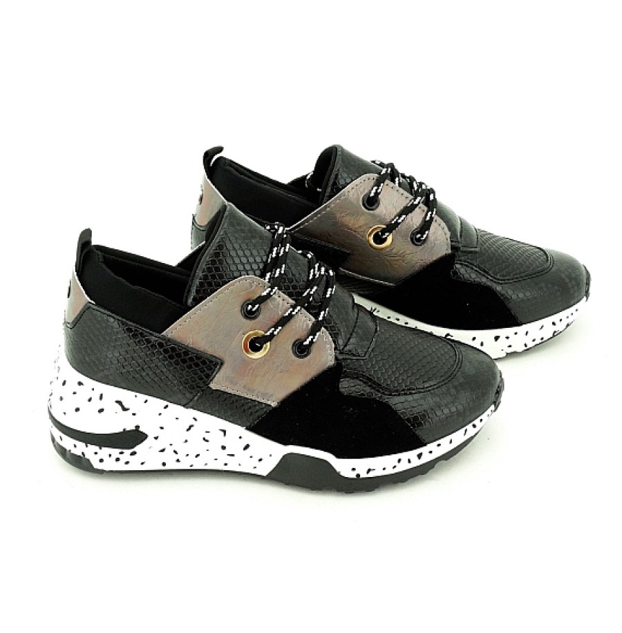 Mujer N'AMORE | Negro Serpiente Sneaker Cuna Cordones Piezas Combinadas