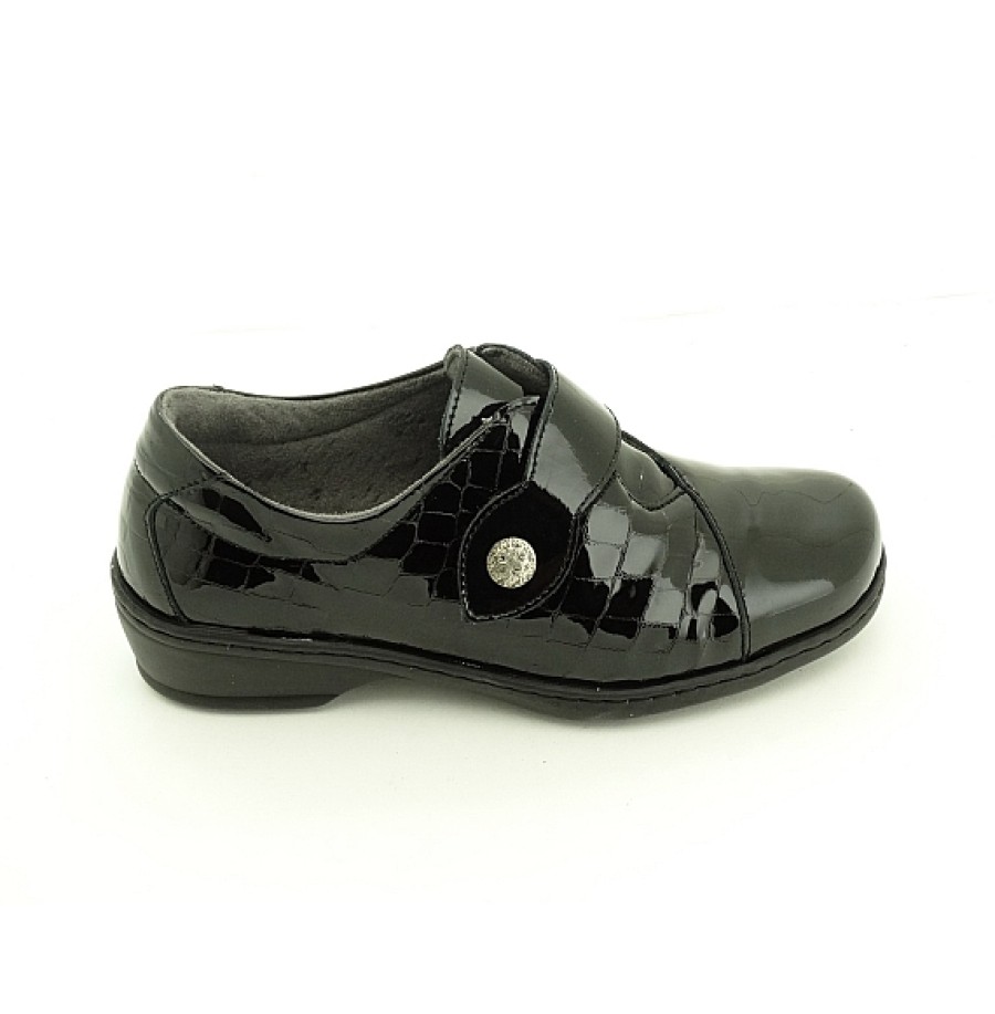 Mujer NOTTON | Negro Zapato Velcro Charol Ancho Especial Plantilla